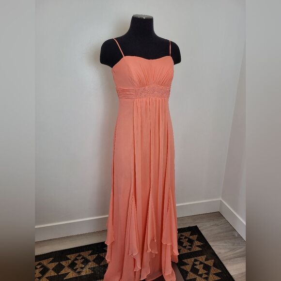 David's Bridal Maxi Dress Salmon Peach Pink Empire Waist Flutter Fairy Size 2 - Picture 2 of 12